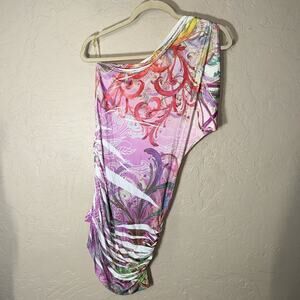 LYT Y2K one shoulder slinky stretchy whimsy fairy print dress